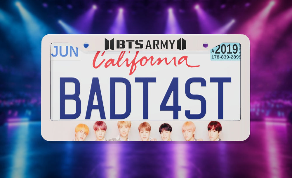 BTS Army Kpop license plate frame on a themed background