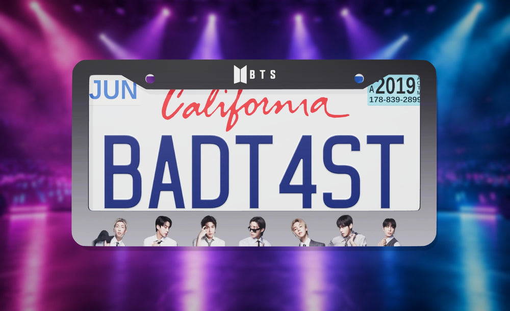 BTS Kpop license plate frame on a themed background
