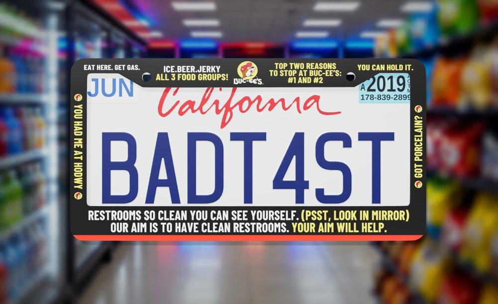 Buc-ee's Meme license plate frame on a themed background