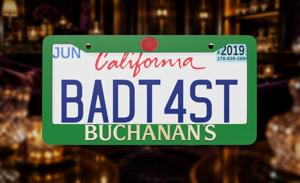Buchanan's Whisky license plate frame on a themed background