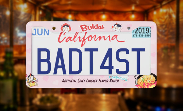 Buldak Spicy Chicken Carbonara license plate frame on a themed background