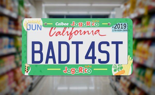 Calbee Jagarico license plate frame on a themed background