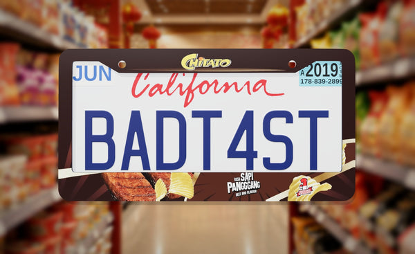 Chitato Snack license plate frame on a themed background