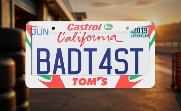 Castrol TOM'S  license plate frame on a themed background
