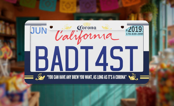 Corona beer license plate frame on a themed background