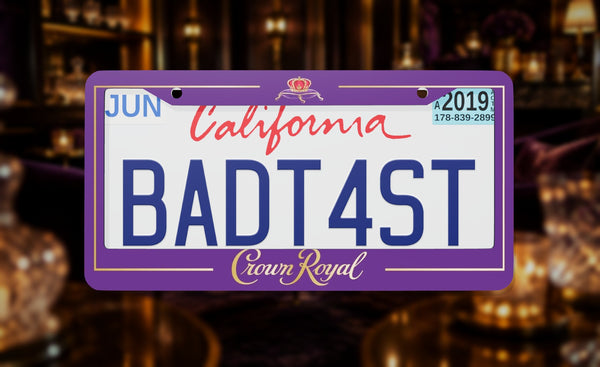 Crown Royal license plate frame on a themed background
