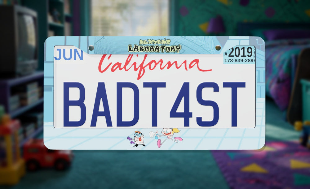 Dexter's Laboratory license plate frame on a themed background