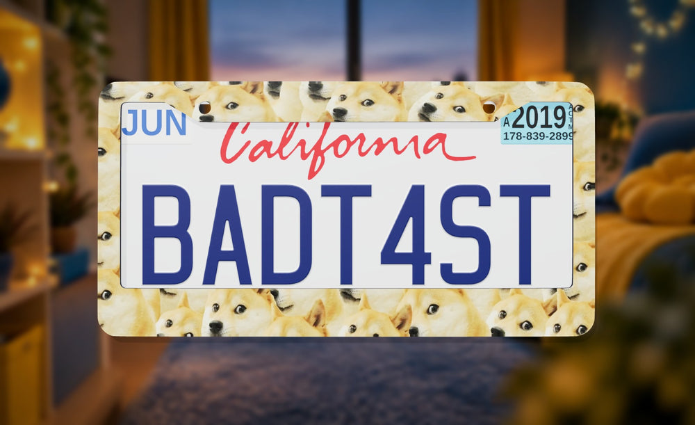 Doge license plate frame on a themed background