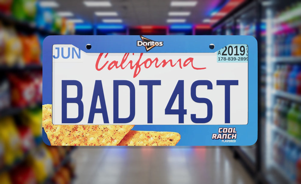 Doritos Cool Ranch license plate frame on a themed background