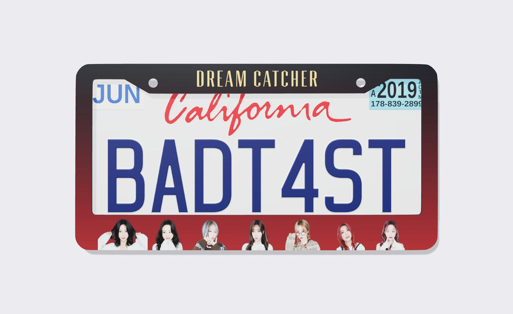 Black-to-red gradient Dreamcatcher license plate frame with gold lettering on top and seven members along the bottom