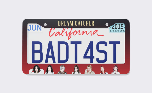 Black-to-red gradient Dreamcatcher license plate frame with gold lettering on top and seven members along the bottom