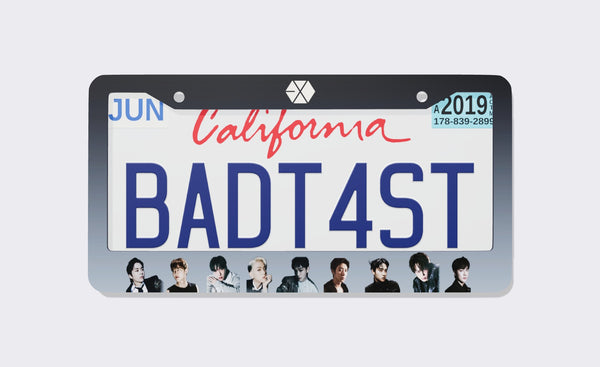 EXO license plate frame with white hexagon EXO logo on a black-to-steel-blue gradient border and nine member portraits along the bottom, shown around a California demo plate