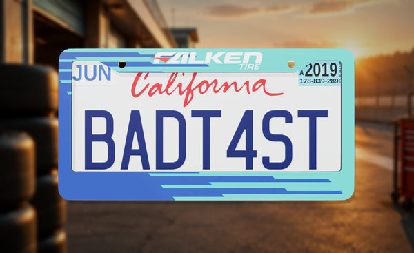 Falken Tire Racing license plate frame on a themed background
