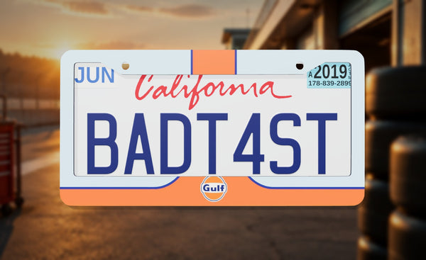 Gulf Racing license plate frame on a themed background