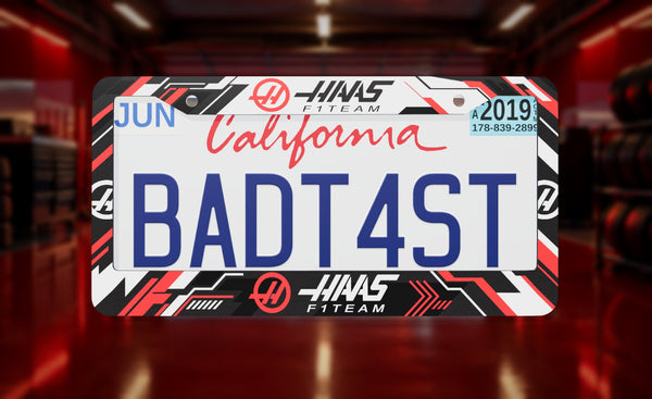 Haas F1 Team license plate frame on a themed background