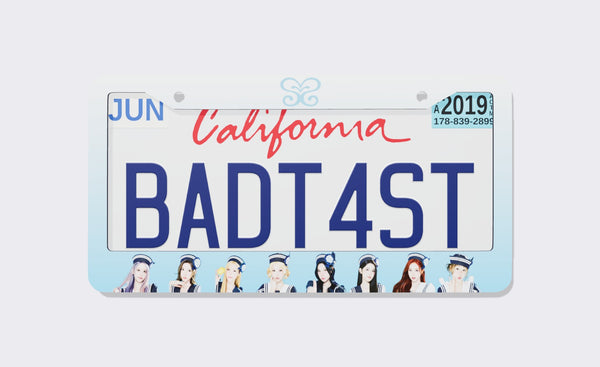 Light blue Hearts2Hearts license plate frame with a butterfly logo on top and eight members in sailor hats along the bottom