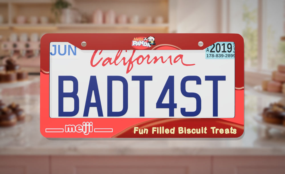 Hello Panda Chocolate license plate frame on a themed background