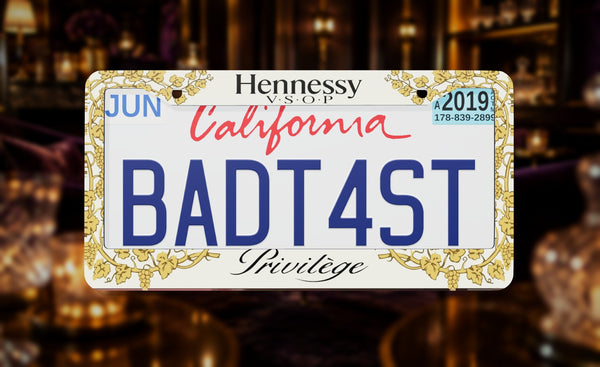 Hennessey license plate frame on a themed background