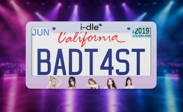 i-dle license plate frame on a themed background
