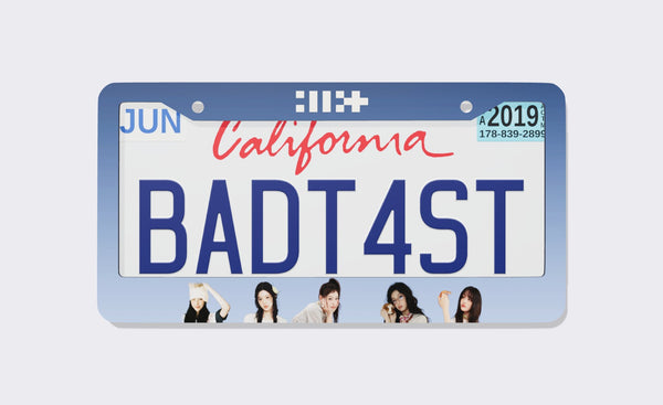 Blue gradient ILLIT license plate frame with the group logo on top and five members along the bottom