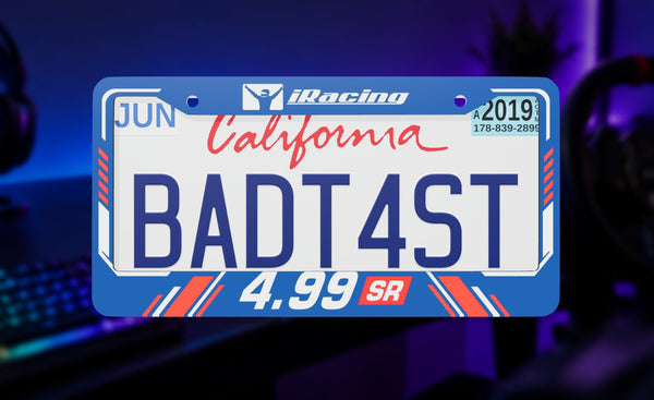 IRacing 4.99 license plate frame on a themed background