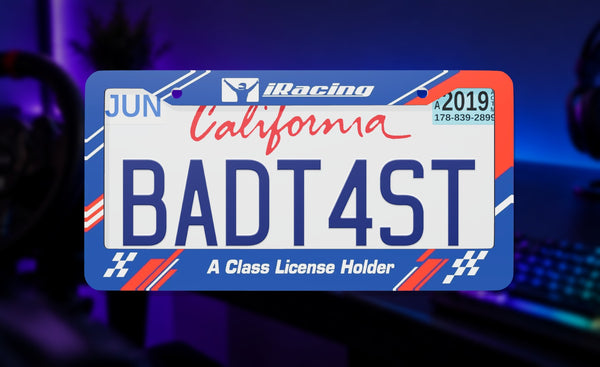 IRacing license plate frame on a themed background