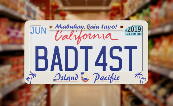 Island Pacific Supermarket license plate frame on a themed background