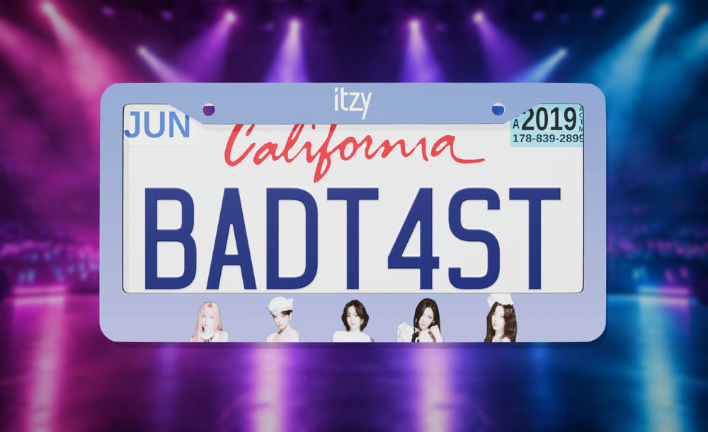Itzy Pink Kpop license plate frame on a themed background