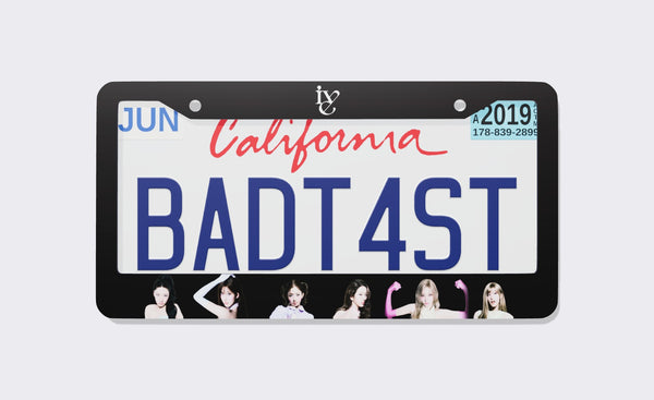Black IVE license plate frame with the white logo on top and six members along the bottom