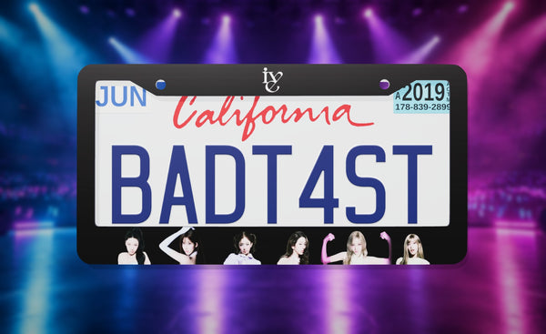 IVE license plate frame on a themed background