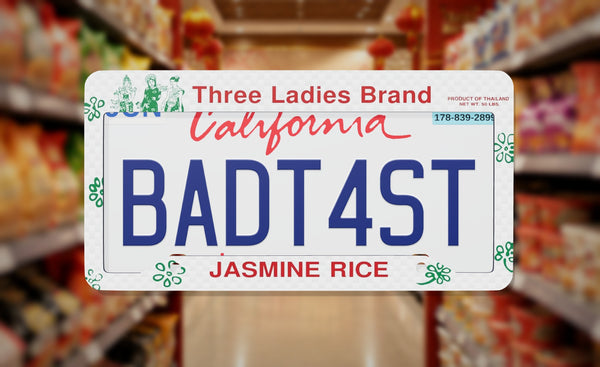 Jasmine Rice license plate frame on a themed background