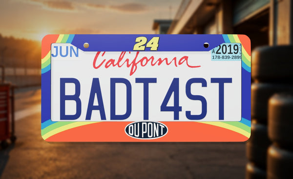 Jeff Gordon Dupont Rainbow license plate frame on a themed background