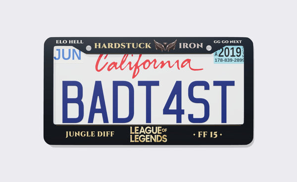 Black League of Legends memes license plate frame reading Elo Hell, Hardstuck Iron and GG Go Next on top, with Jungle Diff, League of Legends logo and FF 15 on the bottom, front view