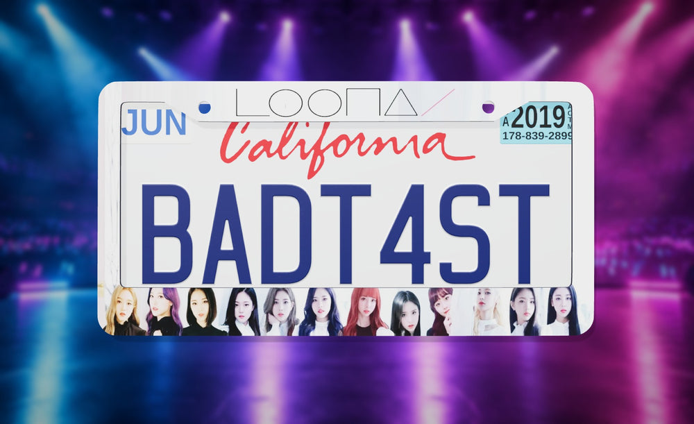 Loona Kpop license plate frame on a themed background