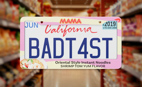 Mama Noodles license plate frame on a themed background