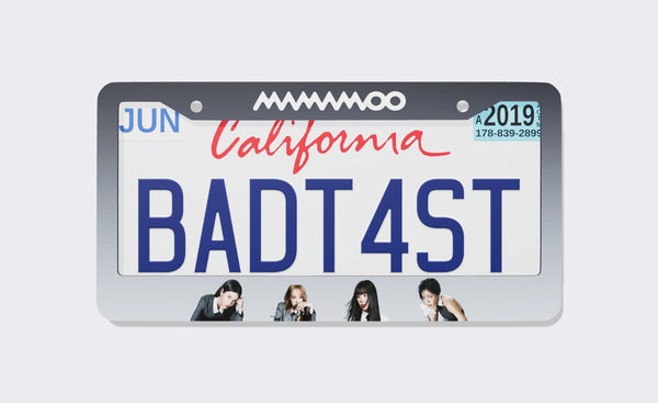 Gray gradient MAMAMOO license plate frame with the white logo on top and four members along the bottom