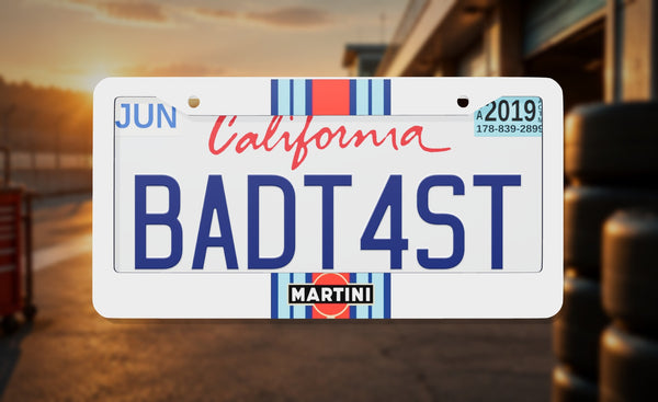 Martini Racing license plate frame on a themed background