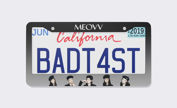 Black-to-silver gradient MEOVV license plate frame with the logo on top and five members in black berets along the bottom