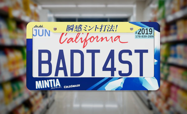 Mintia Mints license plate frame on a themed background