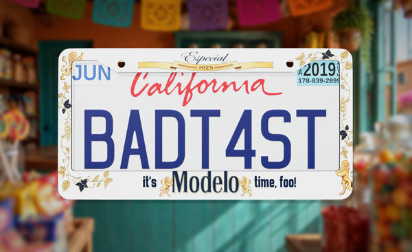 Modelo license plate frame on a themed background