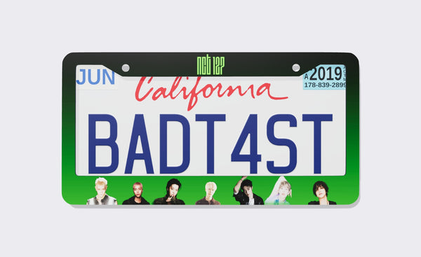 NCT 127 license plate frame with neon green NCT 127 logo on a black-to-green gradient border and seven member photos along the bottom, shown around a California demo plate
