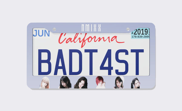 Lavender NMIXX license plate frame with the white logo on top and six members along the bottom