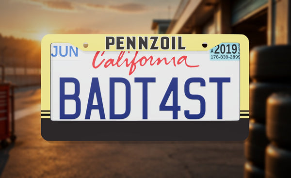 Pennzoil Racing license plate frame on a themed background