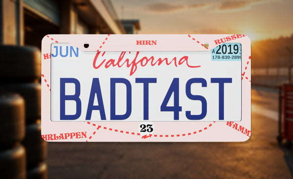 Pink Pig Porsche license plate frame on a themed background