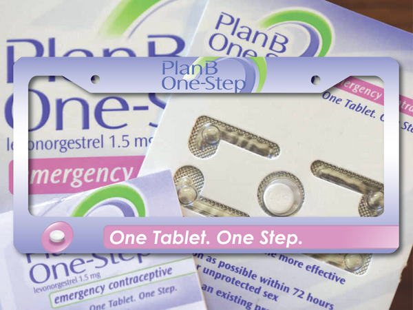 White and purple Plan B One-Step license plate frame with One Tablet One Step text