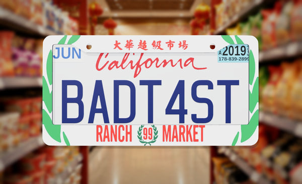 Ranch 99 Supermarket license plate frame on a themed background