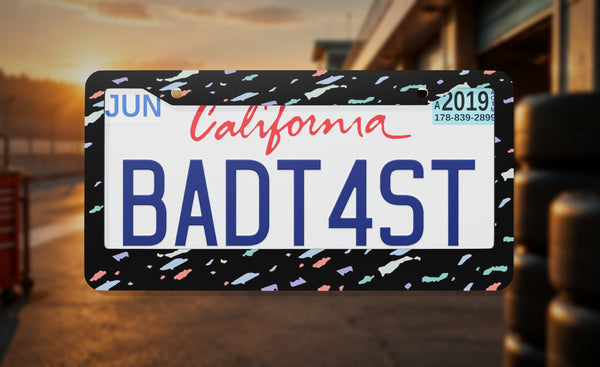 Recaro Confetti license plate frame on a themed background