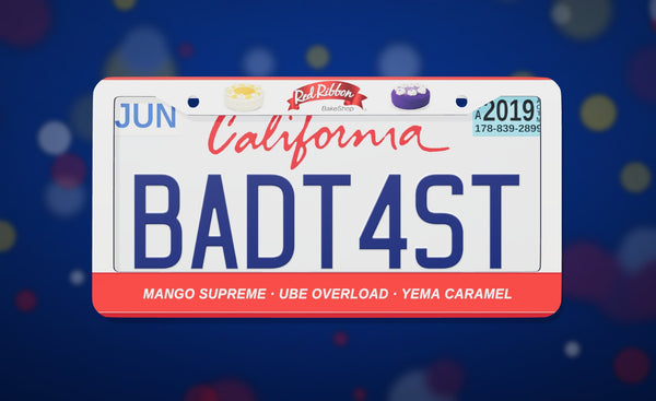 Red Ribbon Bakeshop license plate frame with the Red Ribbon logo and Mango Supreme, Ube Overload and Yema Caramel cakes, front view on a deep blue bokeh background