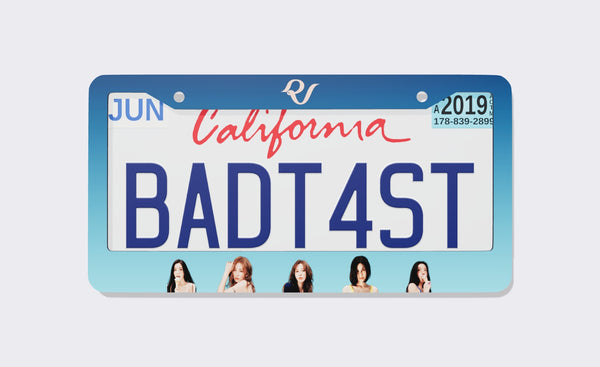 Red Velvet license plate frame, 2026 edition, front view: blue-to-aqua gradient frame with the Red Velvet logo on top and member portraits along the bottom, shown on a California plate