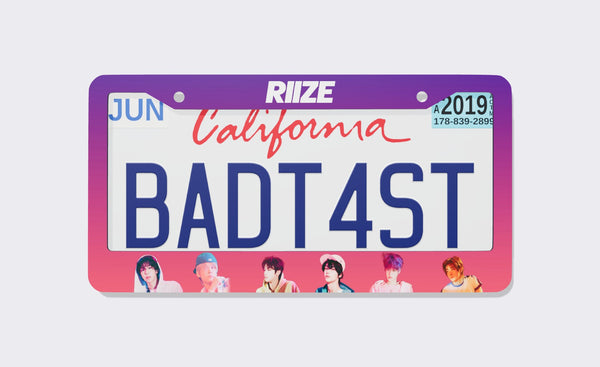 RIIZE license plate frame front view: purple-to-pink gradient frame with the white RIIZE logo on top and six member portraits along the bottom, shown on a California plate